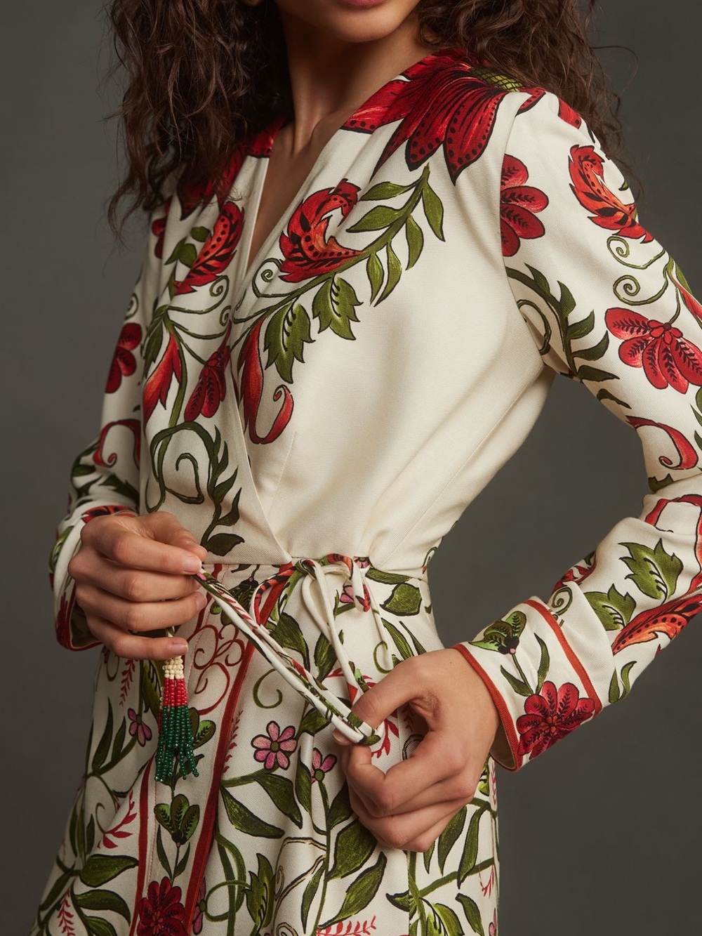 FARM Rio Cream Wrap Dress with Red & Green Floral Print